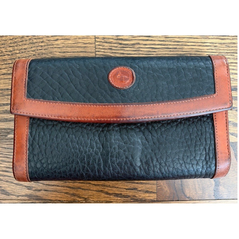 Vintage Dooney & Bourke Trifold Wallet Womens Black Brown AWL Old Money Luxury